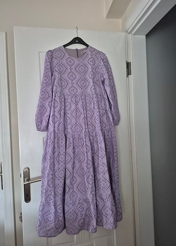 On Fashion Dantel Detaylı Mor Bohem Uzun Elbise