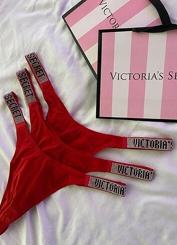 Victoria's Secret Kırmızı 3lü Brazilian Tanga Külot 7 sıra taş
