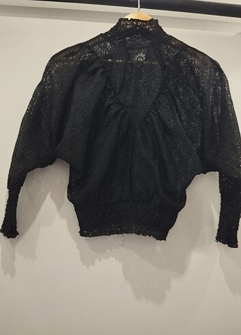 Transparan yarasa kol dantelli bluz - Görsel 5