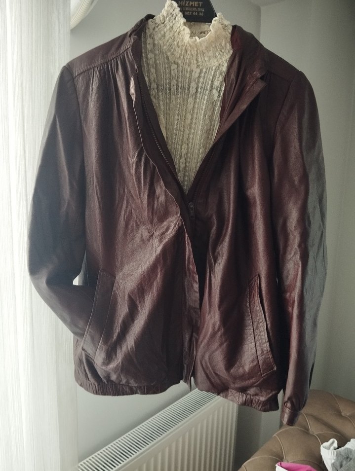 Bordo Vintage deri ceket - Görsel 5