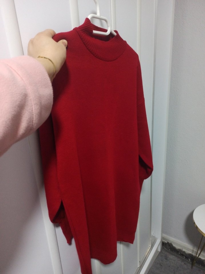 Kırmızı Yüksek Yakalı Kadın Triko tunik - Görsel 2