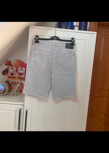 Gri Bağcıklı Denim Mini Bermuda Şort - Görsel 4