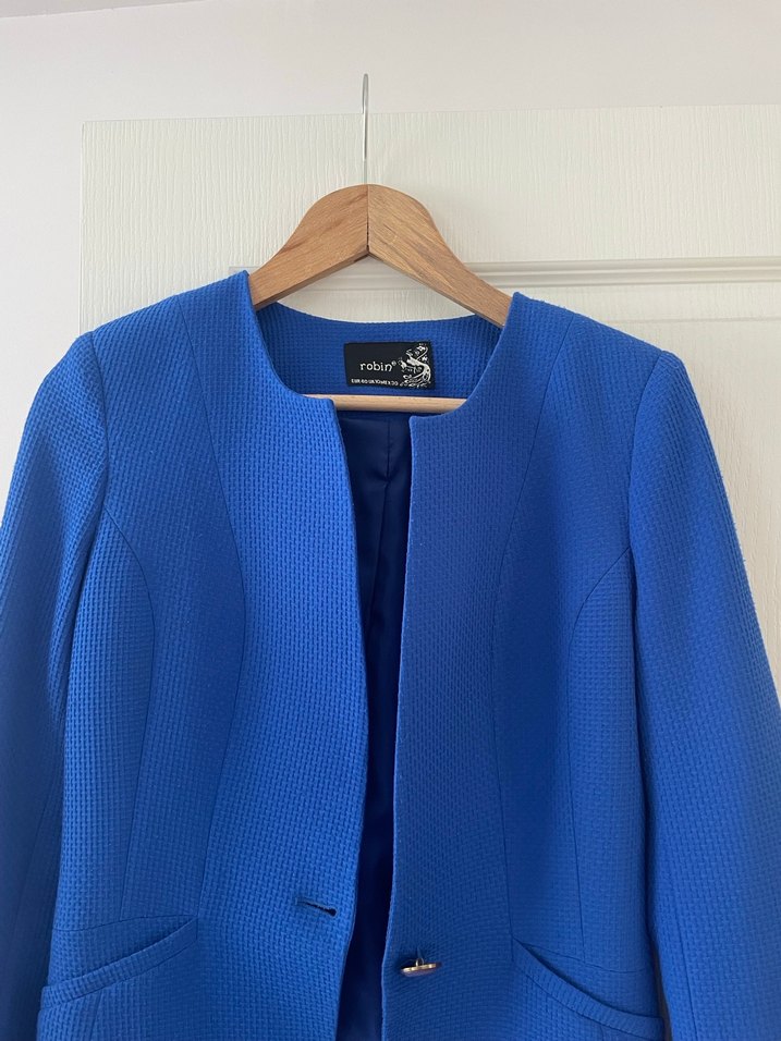 Düğmeli Mavi Midi Kadın Klasik Ceket - Görsel 2