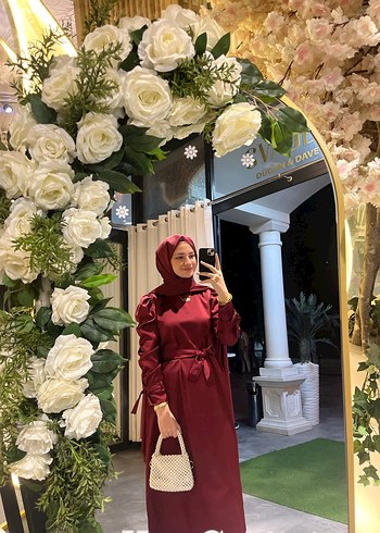 Bordo Uzun Kollu Salaş Tesettür Elbise - Görsel 2