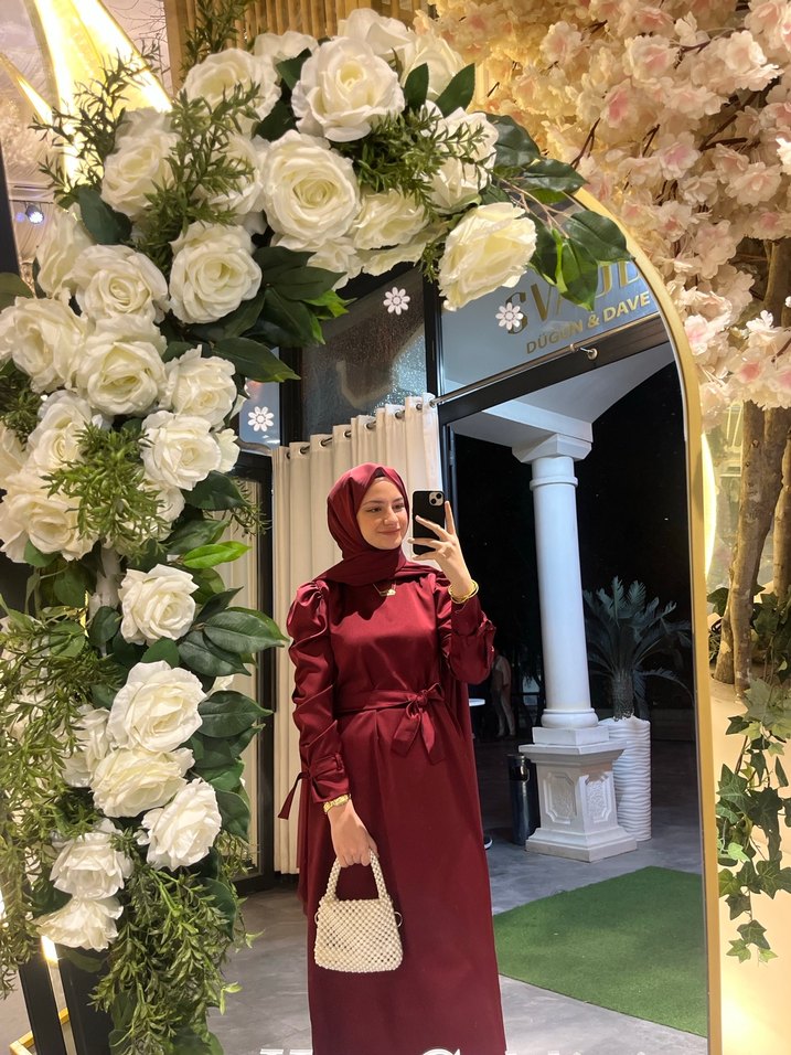 Bordo Uzun Kollu Salaş Tesettür Elbise - Görsel 2