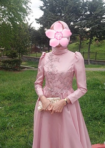 Diğer Uzun Kollu İşlemeli Pembe Abiye Elbise