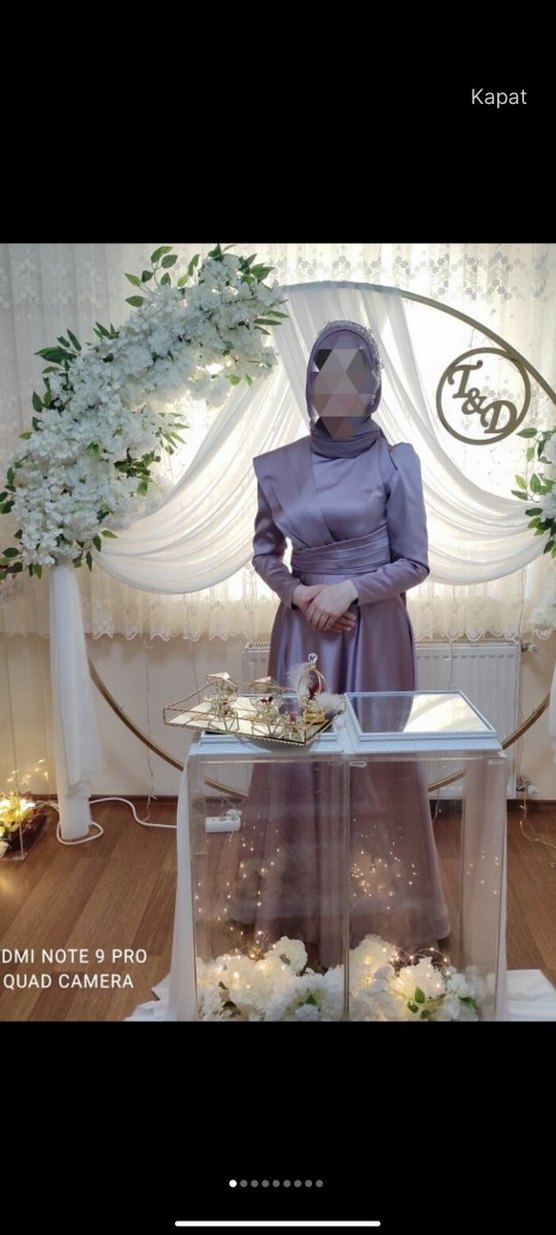 Mor Uzun Kollu V Yaka Uzun Abiye Elbise - Görsel 3