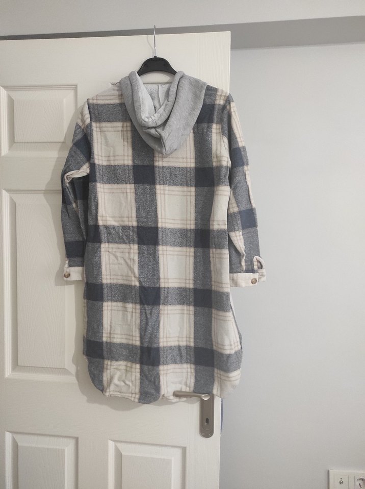 Gri Ekose Uzun Kollu Salaş Midi Gömlek - Görsel 4