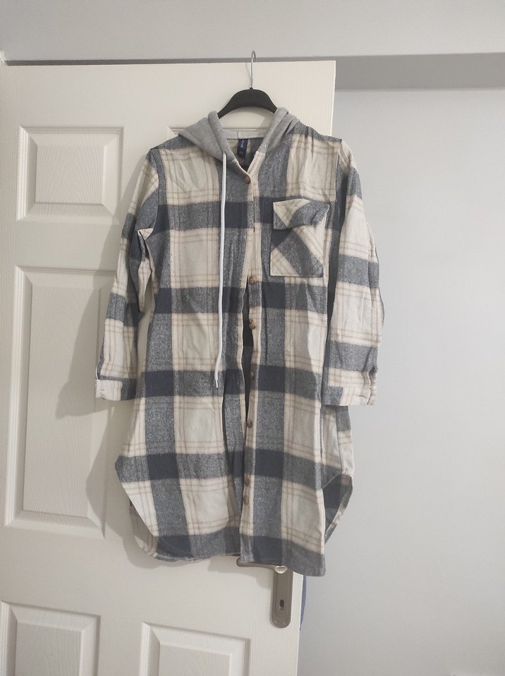 Gri Ekose Uzun Kollu Salaş Midi Gömlek - Görsel 3