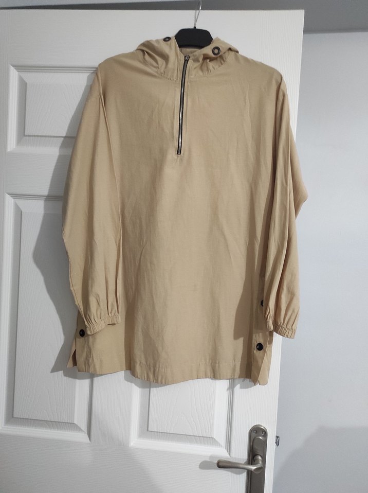 Bej Kapüşonlu Düğmeli Keten tunik - Görsel 2