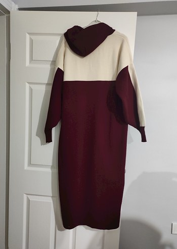 Bordo Kapüşonlu Uzun Triko Elbise - Görsel 2