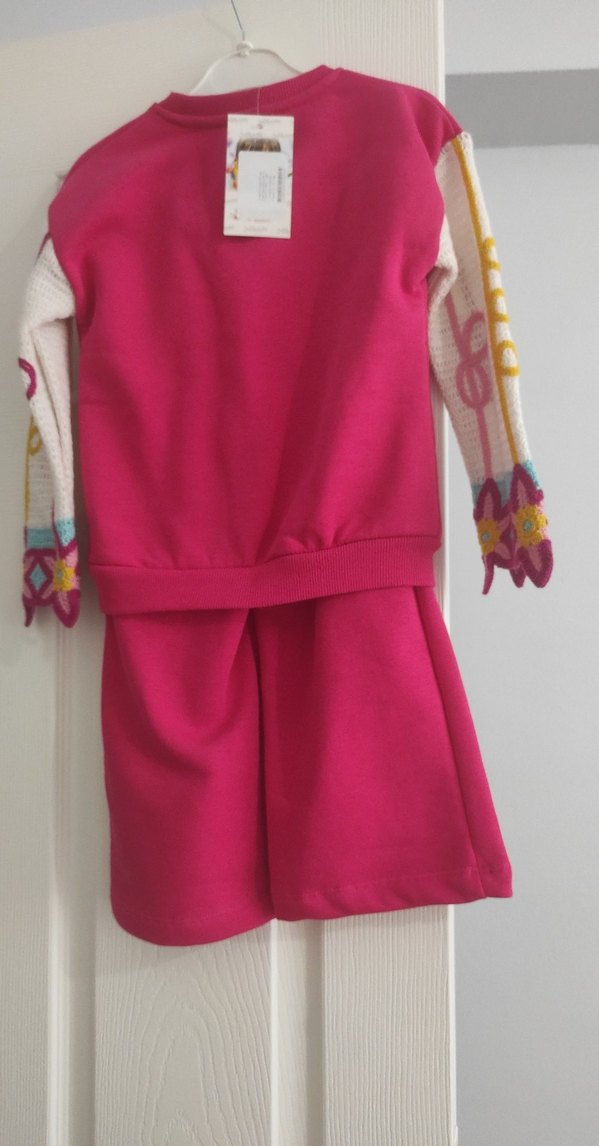 Pembe Nakışlı Örgü Bebek Kız Takımı - Görsel 3