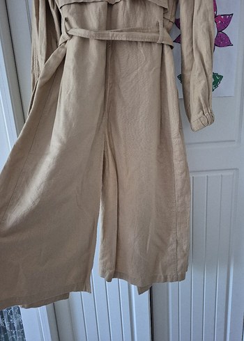 Bej Düğmeli Keten Kadın Trençkot - Görsel 3