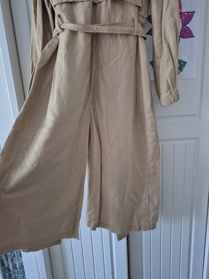 Bej Düğmeli Keten Kadın Trençkot - Görsel 3