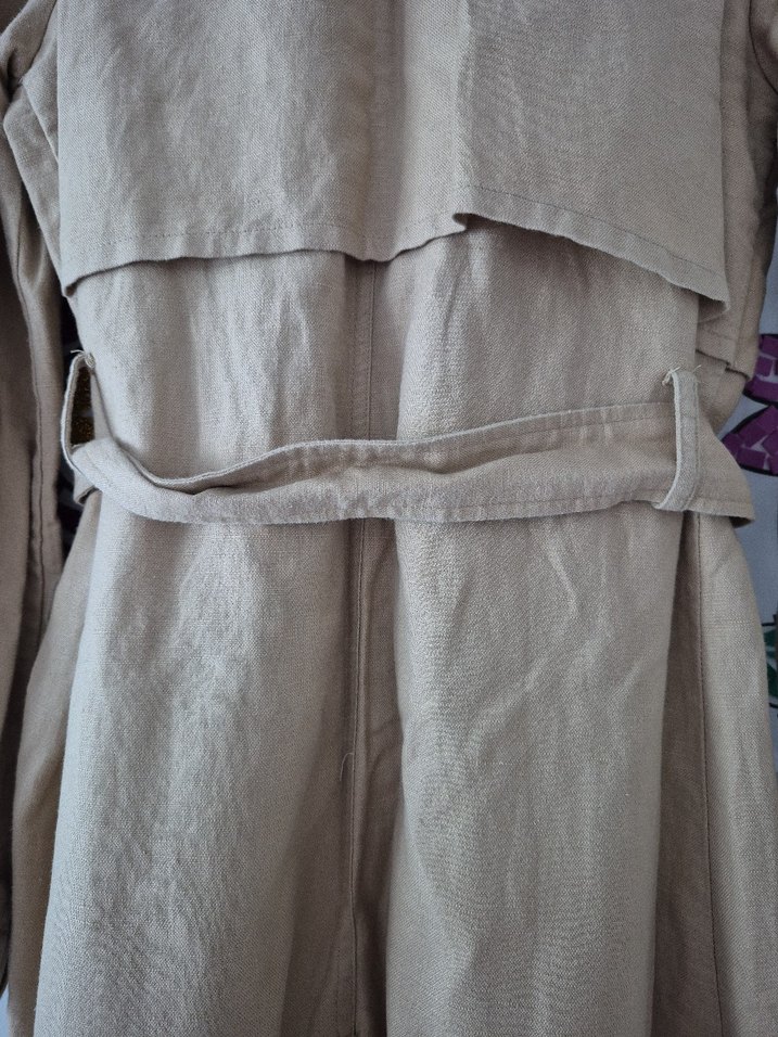 Bej Düğmeli Keten Kadın Trençkot - Görsel 5