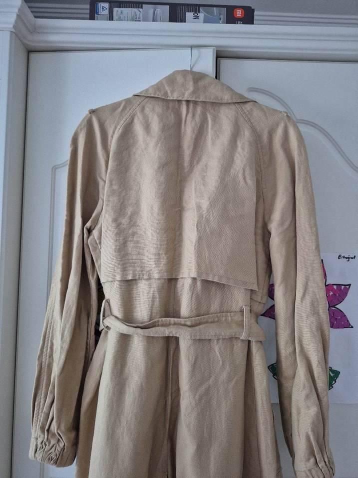 Bej Düğmeli Keten Kadın Trençkot - Görsel 4