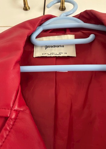 stradivarius Kemerli Kırmızı Deri Biker Ceket - Görsel 2