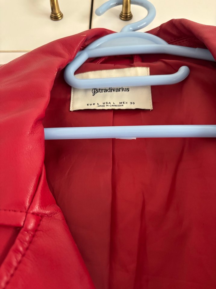 stradivarius Kemerli Kırmızı Deri Biker Ceket - Görsel 2