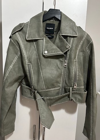 Pull & bear Haki Kemerli Kısa Deri Biker Ceket