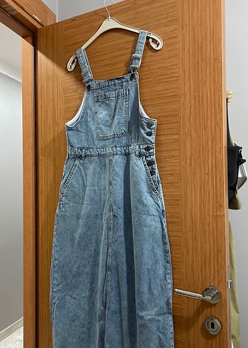 Kadın Mavi Denim Uzun Askılı Tulum