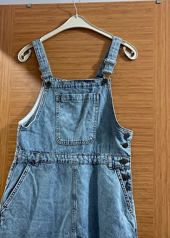 38 Beden Kadın Mavi Denim Uzun Askılı Tulum