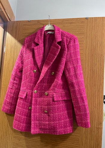 Düğmeli Pembe Kareli Kadın Blazer Ceket