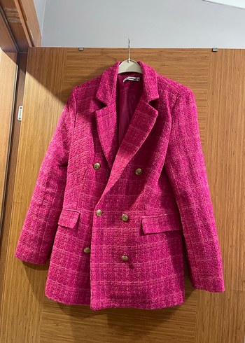 Zara Düğmeli Pembe Kareli Kadın Blazer Ceket