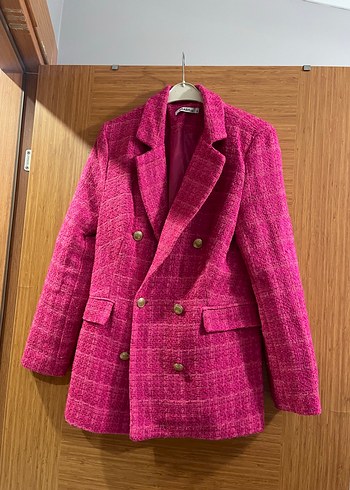 s Beden Düğmeli Pembe Kareli Kadın Blazer Ceket