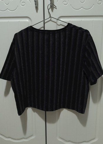 Kadın Siyah Çizgili Kısa Kollu Crop Top - Görsel 4