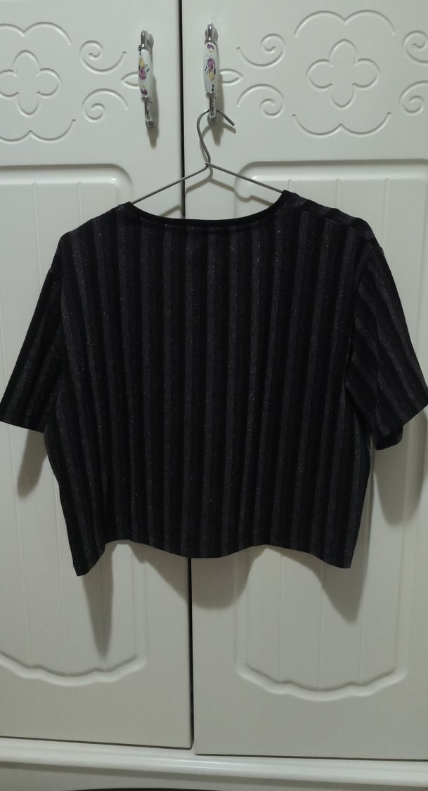 Kadın Siyah Çizgili Kısa Kollu Crop Top - Görsel 4