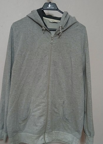 Gri Kapüşonlu Fermuarlı Kadın Sweatshirt simli - Görsel 4