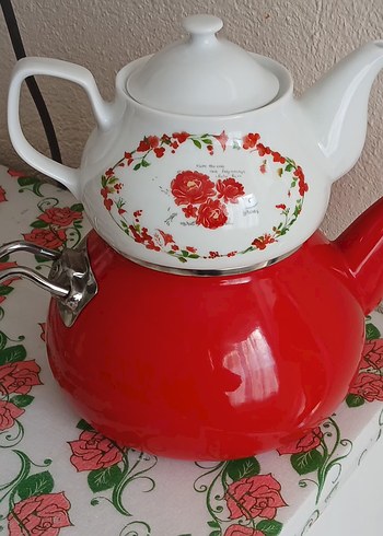 Çiçek Desenli Beyaz ve Kırmızı Demlik - Görsel 2