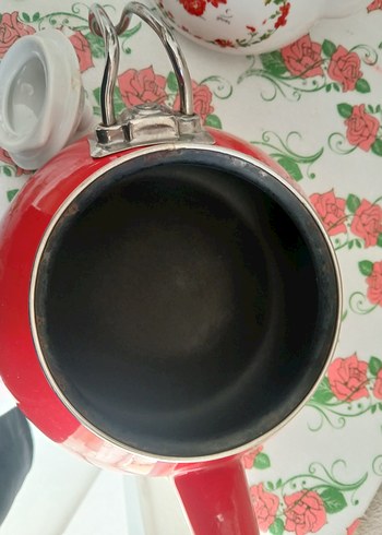 Çiçek Desenli Beyaz ve Kırmızı Demlik - Görsel 9