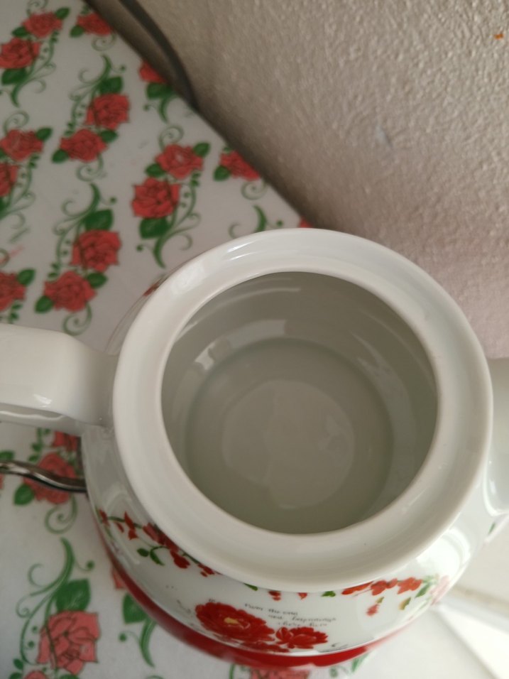 Çiçek Desenli Beyaz ve Kırmızı Demlik - Görsel 5