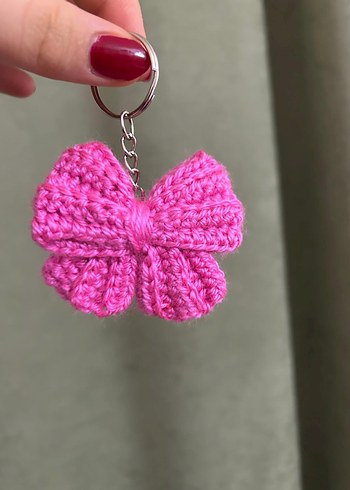 Pembe ,Beyaz Örgü Fiyonk Anahtarlık - Görsel 2