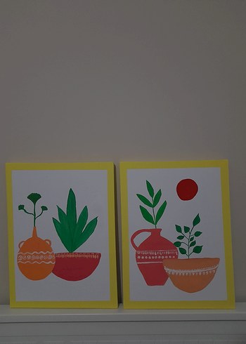 Pastel Sarı Çerçeveli Bitki Temalı Tablo Seti