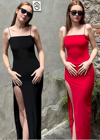 Kırmızı İnce Askılı Uzun Yırtmaçlı Elbise