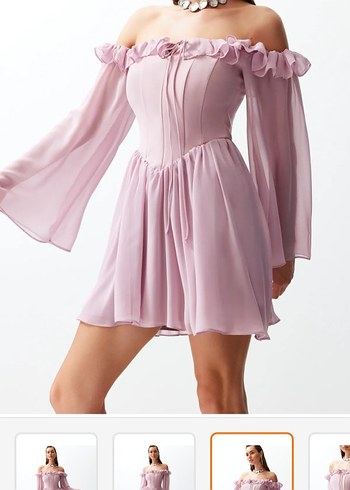 Pembe Straplez Mini Elbise Fırfırlı