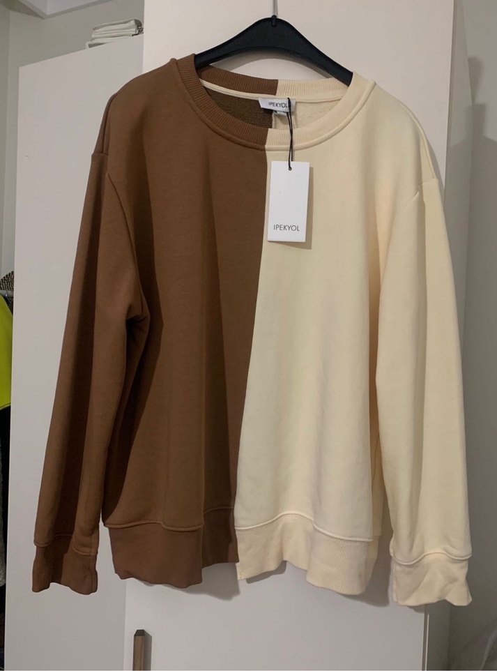 Ekru Kahverengi Bisiklet Yaka Sweatshirt — görsel 2/9