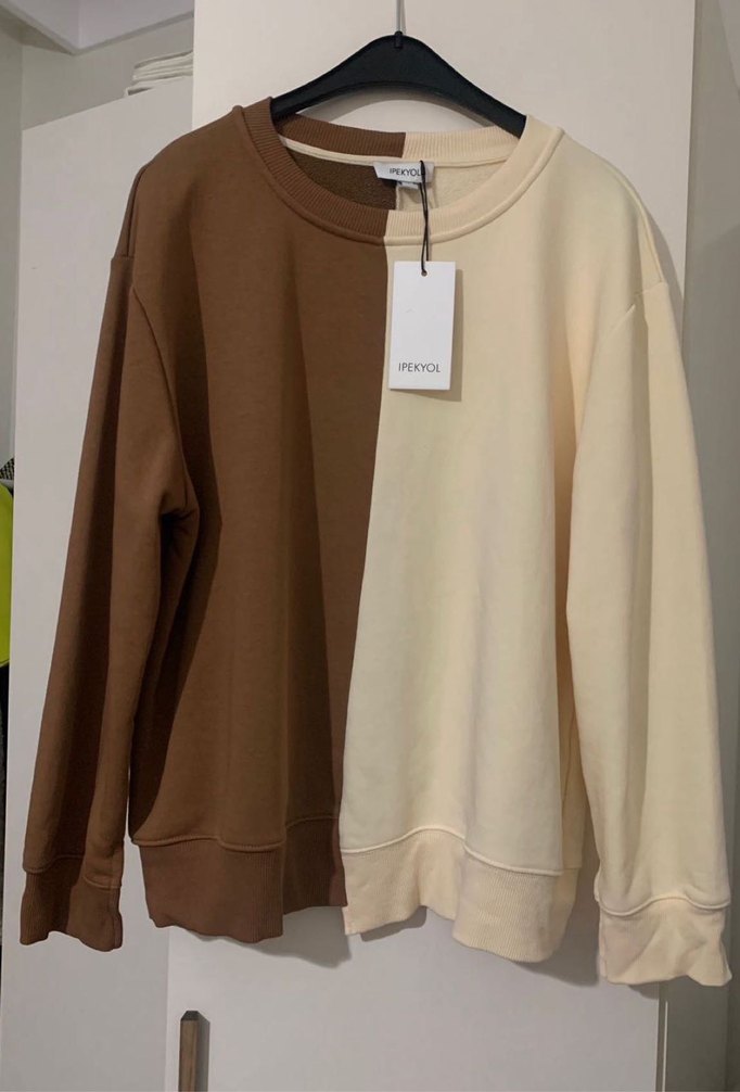 Ekru Kahverengi Bisiklet Yaka Sweatshirt — görsel 5/9
