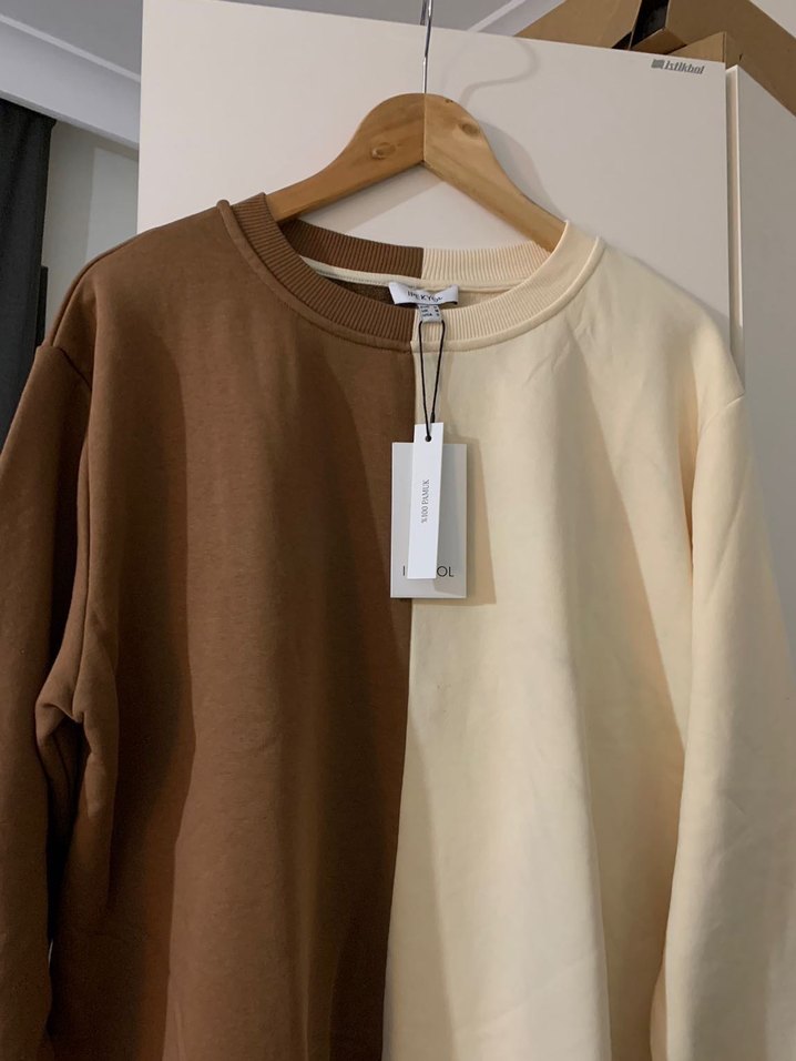 Ekru Kahverengi Bisiklet Yaka Sweatshirt — görsel 7/9
