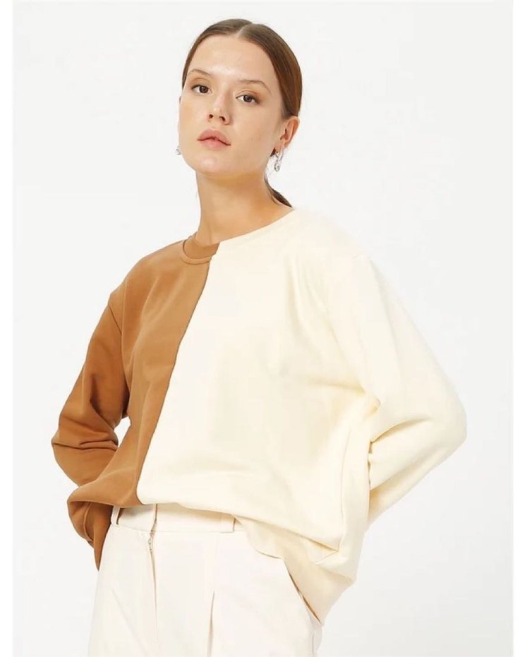 Ekru Kahverengi Bisiklet Yaka Sweatshirt — görsel 6/9