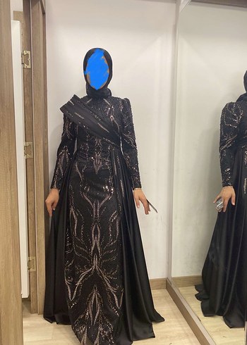 40 Beden Tesettür Kuyruklu Uzun Siyah Taşlı Abiye Elbise