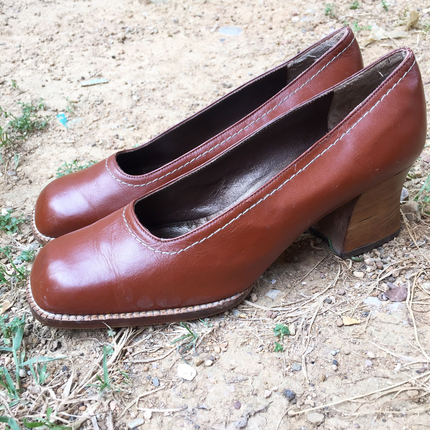 Vintage blok topuk deri ayakkabı