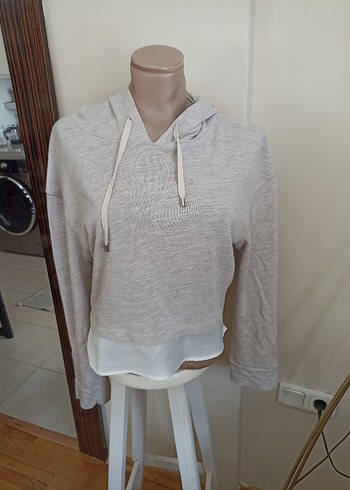 Kadın Gri Keten Kapüşonlu Sweatshirt