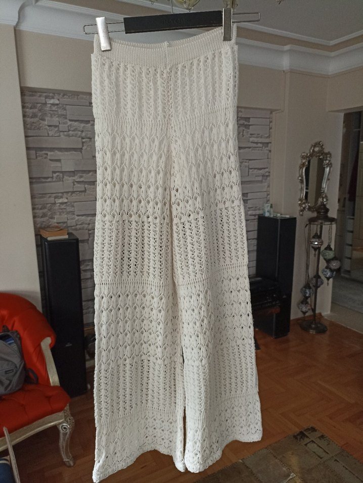 Kadın Bohem Örgü Salaş Pantolon Beyaz - Görsel 2