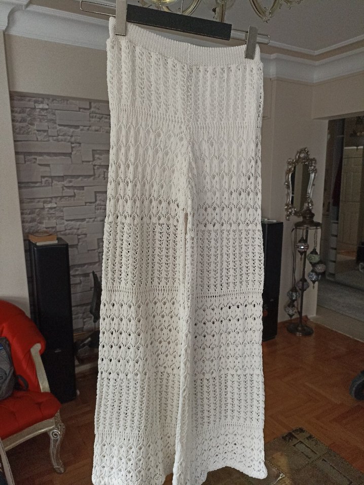 Kadın Bohem Örgü Salaş Pantolon Beyaz - Görsel 4