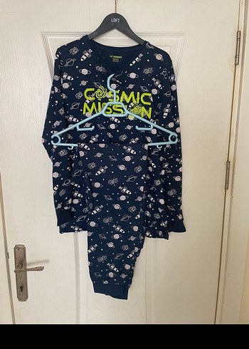 12-13 Yaş Beden mavi Renk Uzun Kollu Mavi Erkek Çocuk Pijama Takımı