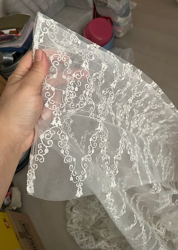 Bohem Nakışlı Beyaz Gri Tül Perde - Görsel 4