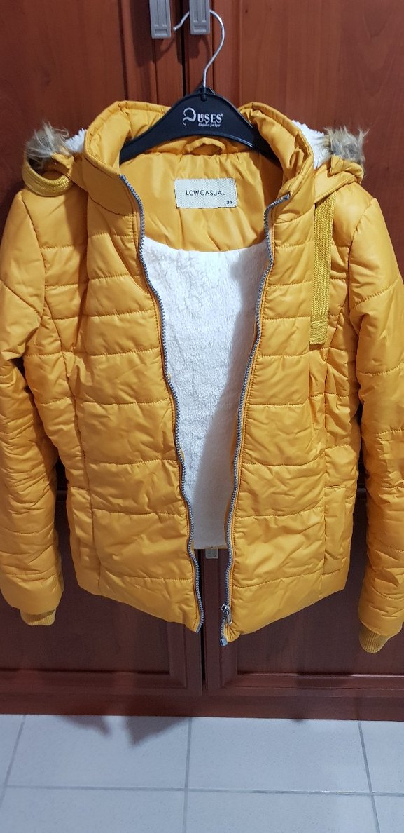 Sarı Kadın Mont, Kürklü, Günlük Kullanım - Görsel 2